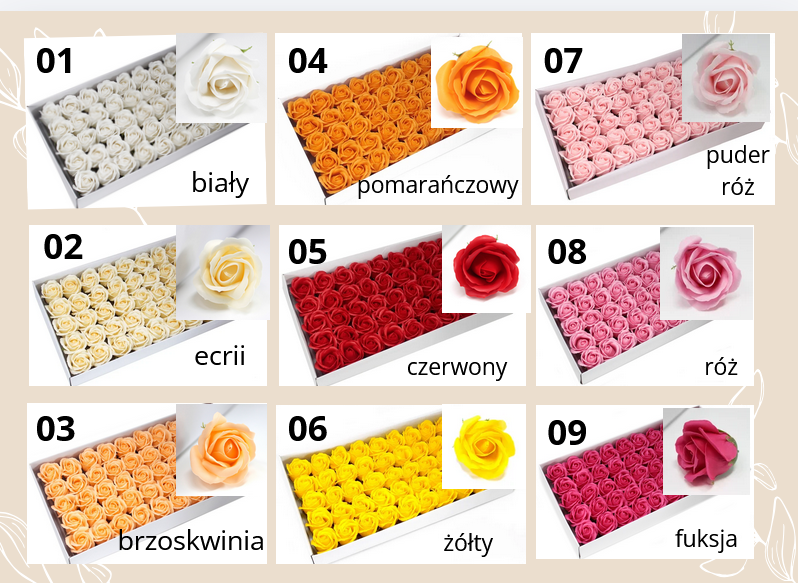 Róże mydlane Pachnące 50szt Mix Kolorów